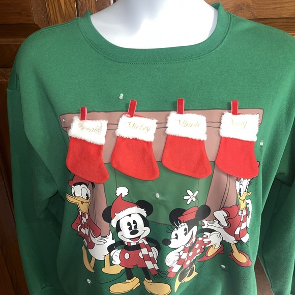 Disney Lg 12-14 Mickey, Minnie, Donald, & Daisy Green Holiday Sweatshirt Lights - Picture 2 of 10